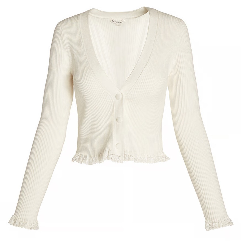 For Love & Lemons Cream Ribbed Lace-Trim Button Cardigan